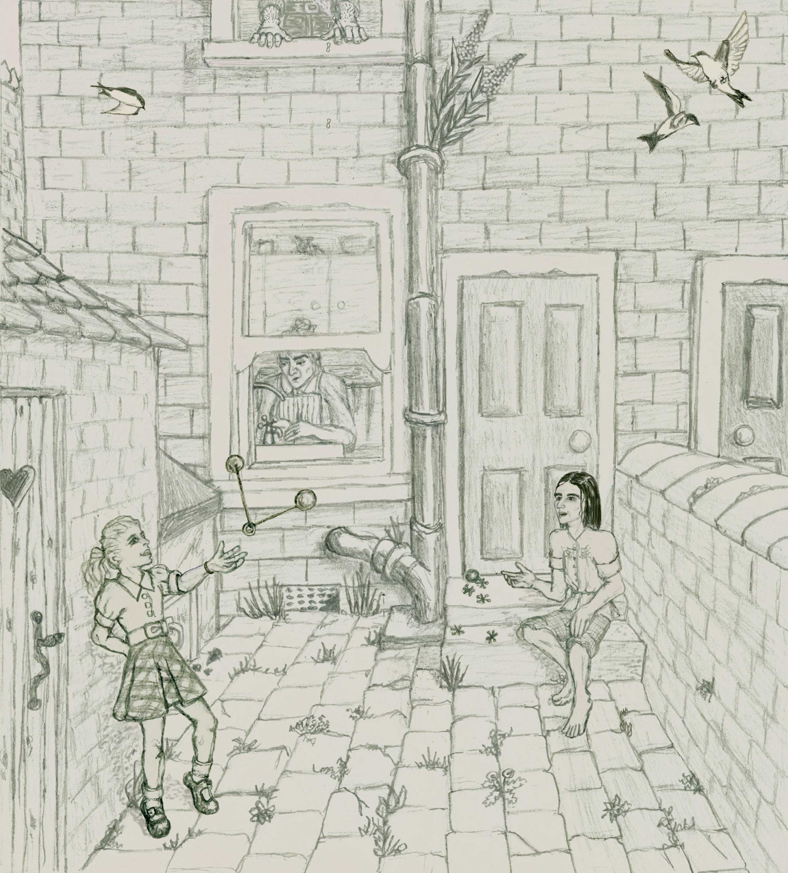 pencil drawing of ten-year-old Lily and Severus playing in the backyard at Spinner\'s End